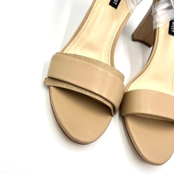 Nine West Womens Pruce Natural Nude Beige Tan Leather Block Heels Sandals Shoes - Picture 5 of 14